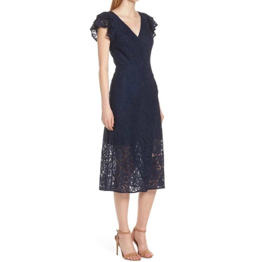 ALI & JAY Dress XS Lace and Paper Flowers Wrap Midi Ruffle Sleeve Navy Blue - Picture 3 of 12